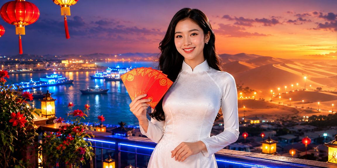 Người phụ nữ mặc áo dài Mũi Né nhận phong bì đỏ thưởng dịp lễ